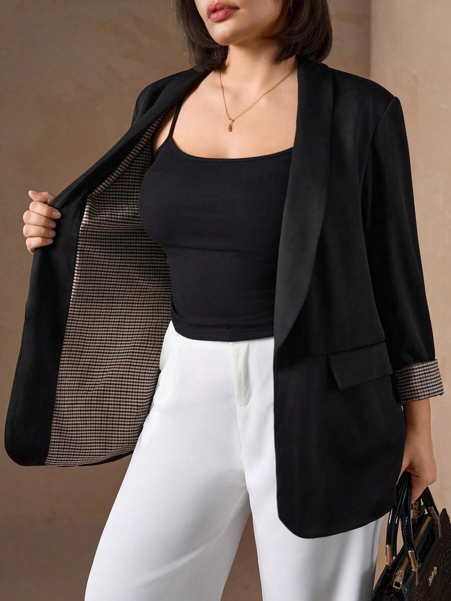 Chikora Áo khoác blazer nữ cỡ lớn kẻ caro phối nhiều màu sắc, kiểu dáng thường ngày, đa năng, thích hợp đi làm, trang phục công sở cho nữ, áo công sở cho nữ. - màu đen - Xem 1