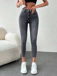 EURMUSE 97% Cotton Solid Skinny Cropped Jeans - Dark Grey - View 1