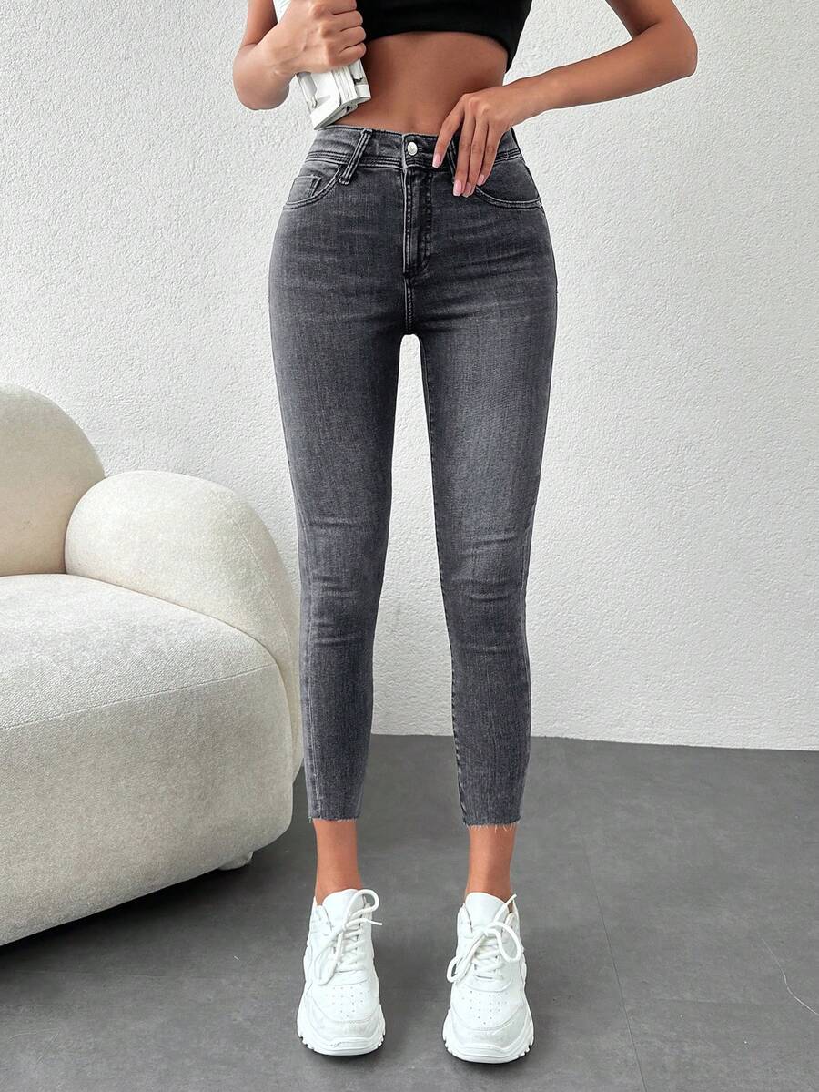 EURMUSE 97% Cotton Solid Skinny Cropped Jeans - Dark Grey - View 1