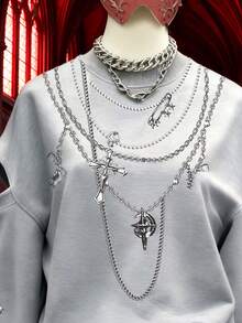 Glimmora Women's Cross Chain Print Hollow Out Long Sleeve Casual Loose Crew Neck Sweatshirt - Light Grey - View 3