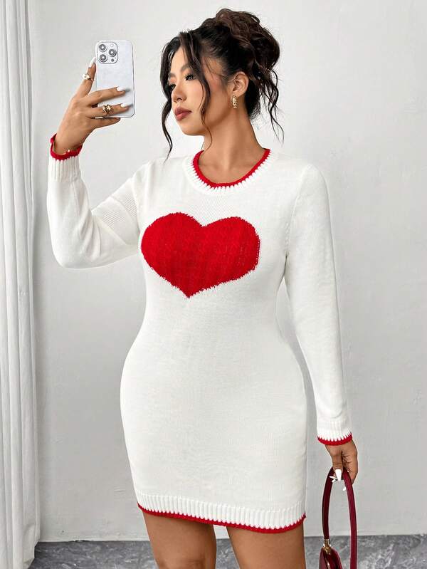 Elenzga 大码女式心形图案撞色长袖休闲针织连衣裙