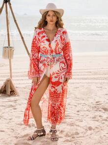 Swim Vcay Plus Size Women Minimalist Beach Resort Casual Placement Print Mesh Cardigan, Suitable For Beach Vacation - Multicolor - View 5