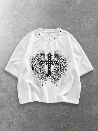 Grunge Punk T-shirt da uomo a maniche corte con scollo rotondo, stampa ad ali e borchie