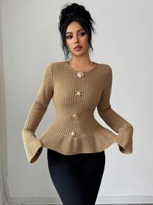 SHEIN Elenzya 女士优雅金属扣袖口荷叶边下摆长袖毛衣，秋冬款 - 駝色 - 查看 4
