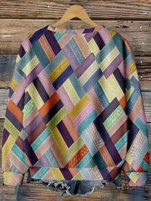 EMERY ROSE Casual Minimalist Geometric Print Pattern Crew Neck Loose Fit Women Sweatshirt - Multicolor - View 4