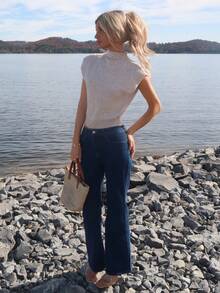 Sydney Algeri 优雅高领宽松休闲百搭无袖针织毛衣背心外出上衣女秋冬上学上衣 - 杏色 - 查看 7