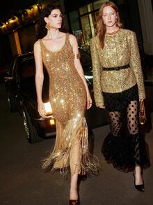 Arave 女式亮片装饰无袖圆领紧身连衣裙，流苏边，优雅约会之选 - 香檳色 - 查看 2