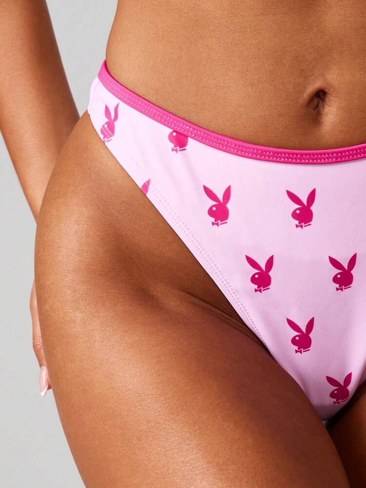 Missguided x Playboy Beach Bunny Print Bikini Set With Adjustable Spaghetti Straps Triangle Top And High Rise Bottom Summer Swimwear