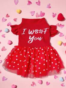 PETSIN 1pc I WOOF YOU Red Heart Pattern Mock Neck Lantern Sleeve Flocked & Mesh Pet Dog Dress, Valentines Luxury Outfit - Red - View 1