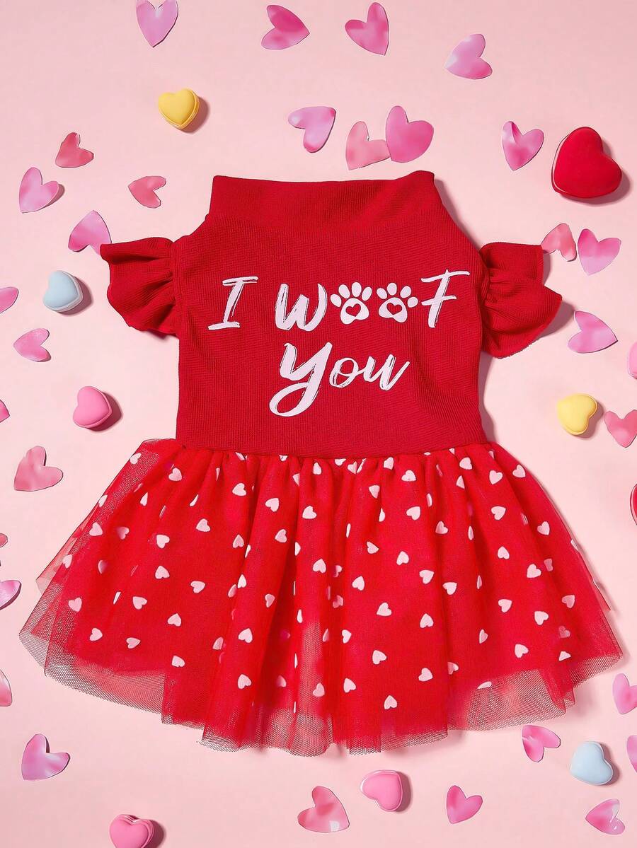 PETSIN 1pc I WOOF YOU Red Heart Pattern Mock Neck Lantern Sleeve Flocked & Mesh Pet Dog Dress, Valentines Luxury Outfit - Red - View 1