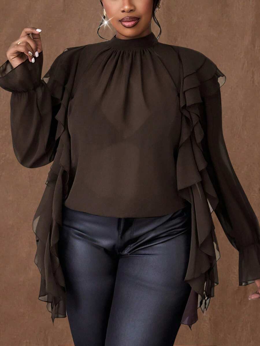 Maweii Plus Size Women's Stand Collar Ruffle Flare Sleeve Sheer Elegant Vintage Casual Holiday Party Blouse, Brown/Coffee - Brown - View 1