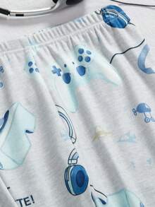 2pcs/Set Tween Boys' Video Game Print Casual Comfortable Ribbed Snug Fit Long Loungewear Set - Grey - View 6