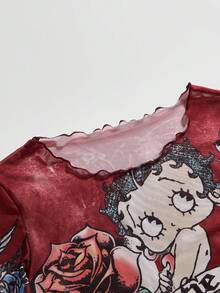 Betty Boop | ROMWE 女士性感透视复古修身印花上衣 - 酒紅色 - 查看 3