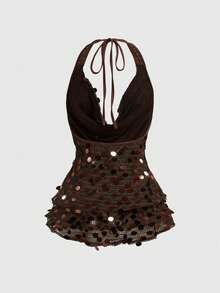 ROMWE Hippie 女士复古度假风嬉皮音乐节镂空性感串珠面料露背系带荷叶边露脐上衣 - 棕色 - 查看 2