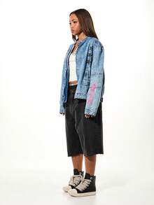 SUMWON WOMEN Oversized Denim Jacket With Motocross Graphics And Star Embellishments Vintage Wash Button Front Casual Outerwear Fall Winter Streetwear - Blue - View 3