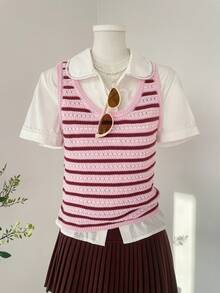 SHEIN Unity Top sin mangas de punto a rayas con estilo universitario vintage, primavera/verano - Rosa - Ver 5