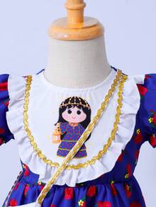 1件女婴荷叶边袖印花连衣裙，配同款包包，卡通中东女孩印花蓝色长袍，女婴连衣裙，小女孩皇家蓝套装 - 藍色 - 查看 5