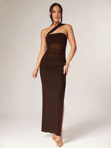 Silquee Women's Solid Color Sleeveless Ruched Side Slit Hem Fitted Dress - Coffee Brown - View 5