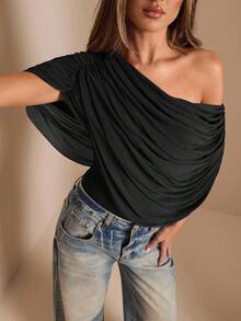 SHEIN BAE Autumn/Winter Solid Brown/Coffee Off-Shoulder Ruched Fitted Elegant Bodysuit, Tight Fitted Graceful Bodysuit, Draped Top