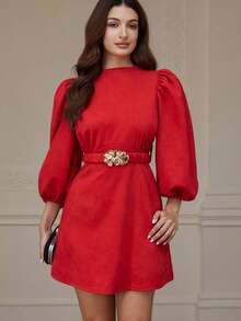 Aveloria Rosie Jupe mini élégante  avec volants à la taille et décoration de boucle métallique, robe à manches longues - Rouge - Voir 3