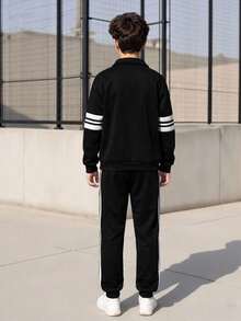 SHEIN Vacaura 2 件青少年男童厚日式运动衫夹克和裤子套装，灰色，柔软舒适的面料，经典灰色搭配黑白条纹，简约时尚的设计，适合秋冬季、户外、运动、学校和各种场合 - 黑色 - 查看 2