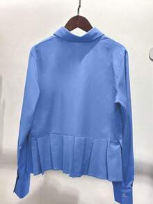 Franclia 大码女式休闲百搭通勤纯色褶裥下摆衬衫 - 藍色 - 查看 2