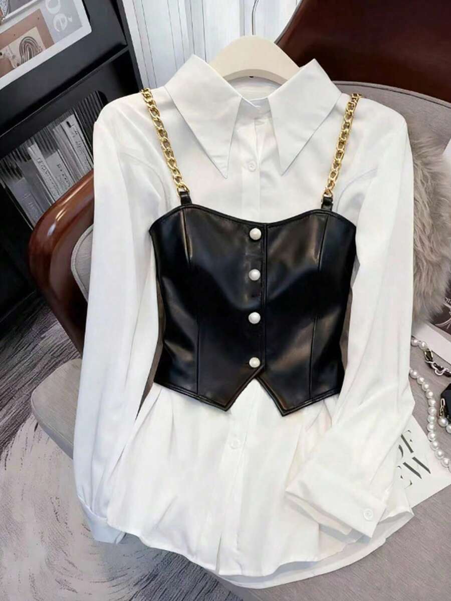 SHEIN Clasi Plus Size Women's Spring/Autumn Fashionable Long Sleeve Patchwork 2 In 1 Shirt - Black and White - View 1