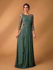 Serin 优雅奢华刺绣串珠网纱透视袖拼接弹力针织贴花连衣裙，适合婚礼、派对、节日、新娘、新娘母亲晚礼服 - 綠色 - 查看 4