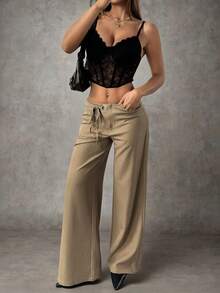 SHEIN PETITE 女士纯色日常百搭通勤休闲裤，腰部饰有孔眼装饰系带阔腿宽松休闲裤 - 咖啡棕 - 查看 5