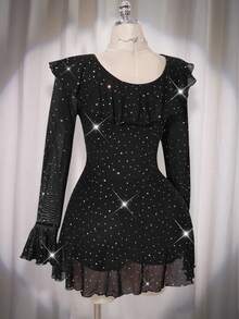 SHEIN ICON 大码女式亮片网纱印花V领荷叶边迷你连衣裙，Y2K风格，适合秋季、约会之夜，性感迷人，女士秋季连衣裙，优雅女式连衣裙 - 黑色 - 查看 10