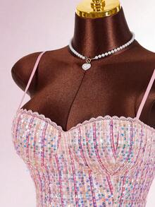 Amplova Women's Sequin Plaid Patchwork Camisole And Pleated Mini Skirt Fashion Set Cute Two Piece Set Skirt Two Piece Set - Pink - View 4