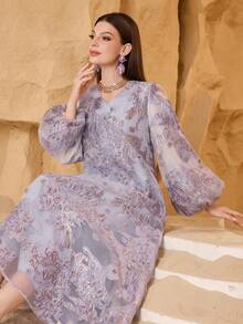 SHEIN Najma Fashionable New Heavy Jacquard Large Floral Purple Arabic Style Dress For Women - Lilac Purple - View 7