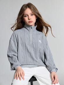 Ontre Tween Girl Embroidered Pattern Loose Fit Knit Sweatshirt, Gray - Grey - View 4