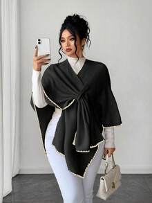 Elenzga 女士优雅时尚宽松加大码毛衣斗篷，适合秋冬季外套穿着 - 黑色 - 查看 1