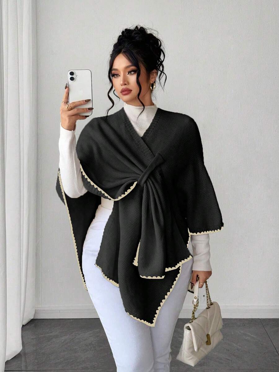 Elenzga 女士优雅时尚宽松加大码毛衣斗篷,适合秋冬季外套穿着 - 黑色 - 查看 1