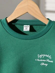 SHEIN 2 件套年轻男孩时尚套装：橄榄绿色针织圆领长袖运动衫和仿口袋牛仔长裤休闲装，适合日常穿着、上学、旅行、度假、休闲、夏季 - 墨綠色 - 查看 6