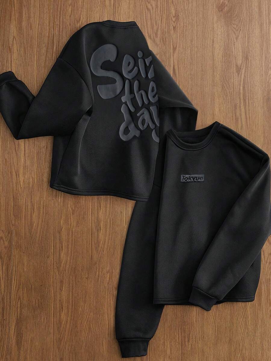 TOKVUE 男士流行街头风INS同款3D泡沫印花休闲日常街头风宽松套头衫卫衣 - 黑色 - 查看 1