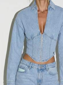 KIZN Cropped Front Zip Denim Jacket With Collar And Long Sleeves For Casual Layering - Dark Grey - View 6