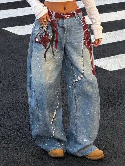 Muchica 女士蝴蝶结图案口袋阔腿宽松休闲牛仔裤