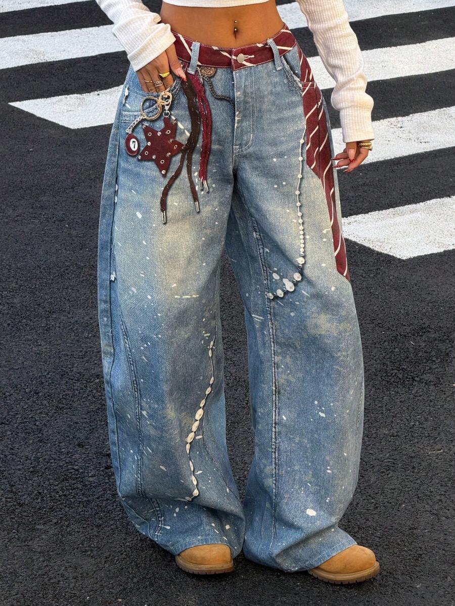 Muchica 2025 New Women's Pocket Chain Print Loose Wide-Leg Casual Jeans / Winter New Year Look & Christmas Party / Halloween Women's Costume / Thanksgiving Pocket Wide-Leg Casual Versatile Jeans, Women's Jeans, Blue, Wide-Leg Jeans - Multicolor - View 1