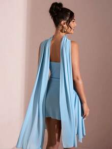 SHEIN BAE Váy ngắn cổ chữ V sâu màu đen trơn thanh lịch cho kỳ nghỉ hè trên bãi biển, thích hợp cho hẹn hò hàng ngày, đi chơi đêm, hộp đêm, tiệc tùng, tụ tập, tiệc cocktail, áo liền quần ngày lễ, tiệc hồ bơi, trang phục công sở, váy đi làm - Màu xanh nhạt - Xem 6