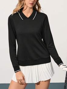 CourtClass Women's Half-Zip Long Sleeve Relaxed Fit Golf Polo Shirt - Black - View 5