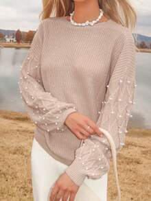 Sydney Algeri Pulover elegant cu mânecă lungă, cu guler rotund, decorat cu perle, culoare solidă, model toamnă/iarnă - Kaki - Vizualizare 5