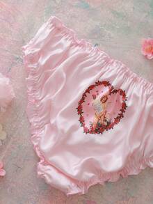 FloralLove Plus Size Women's Heart Print Ruffle Trim Fashion Panties - Pink - View 5