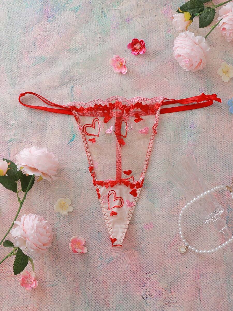 Elorette Plus Size Women Heart Embroidery Mesh Waist Bow Decor Thong Panty - Red - View 1