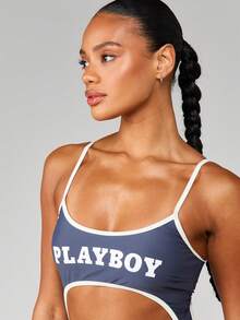 Missguided x Playboy 镂空Logo连体泳衣，白色撞色滚边细节，细肩带，夏季海滩度假泳装 - 彩色 - 查看 5