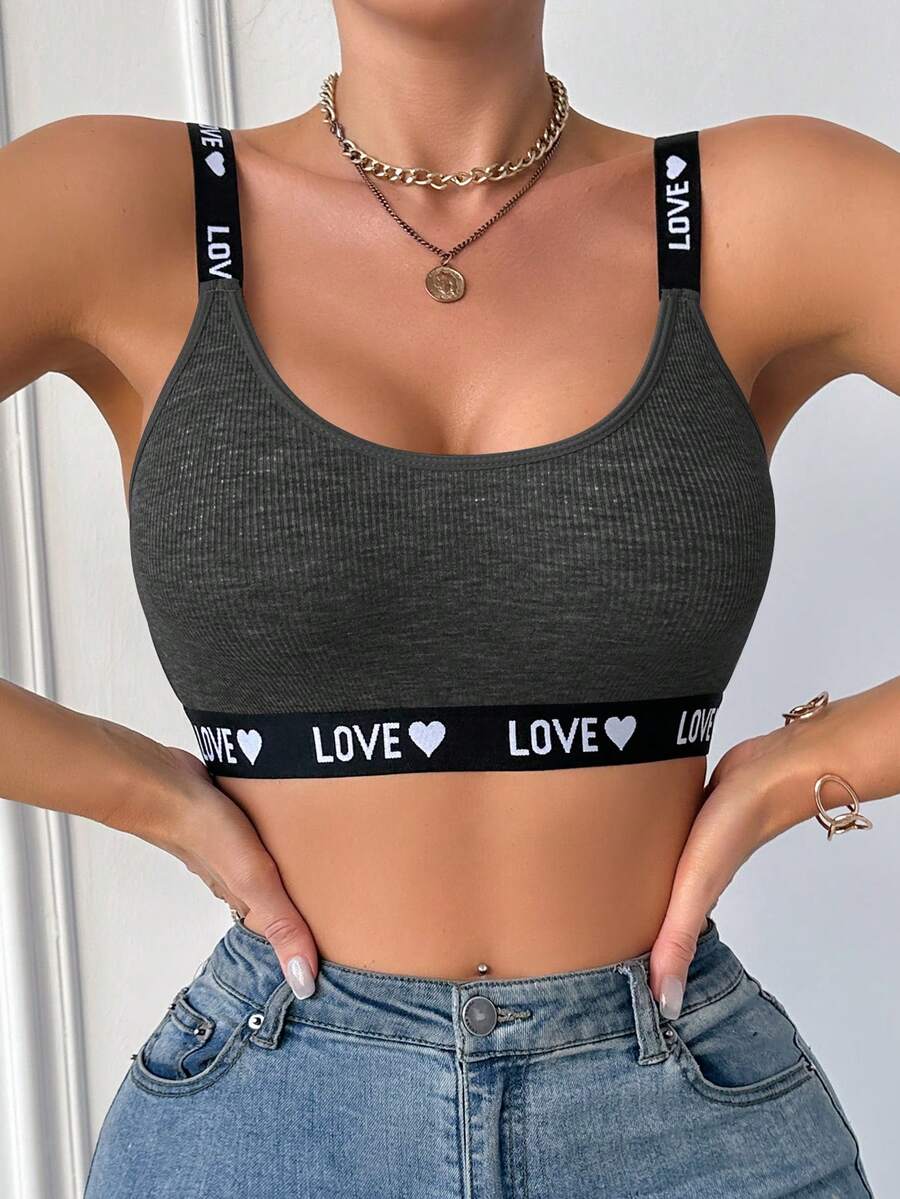 EasyFave 女士舒适日常情书提花文胸 - 深灰色 - 查看 1