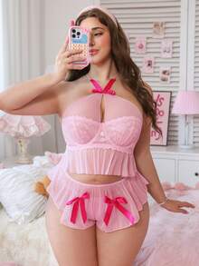 PetitDoll 3pcs/Set Mesh & Contrast Lace Outfit - Pink - View 5