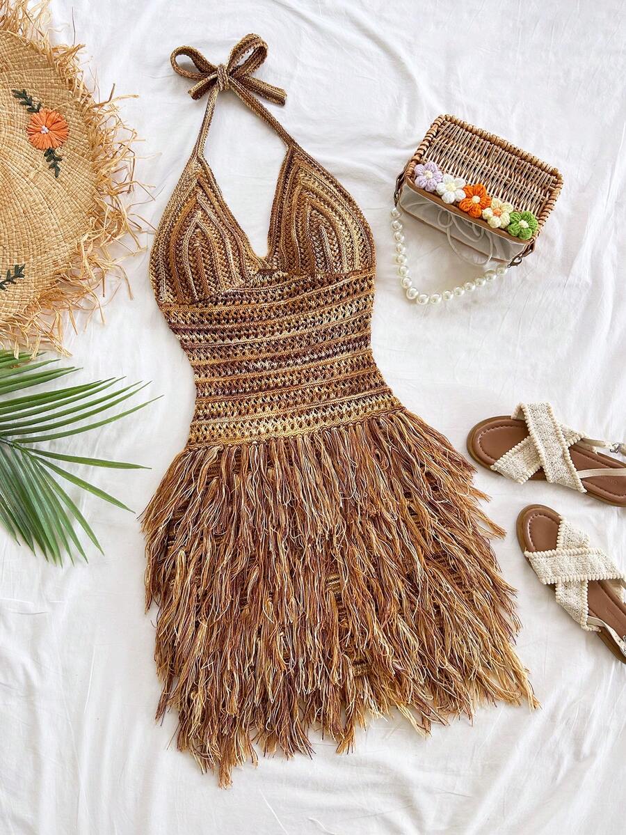 Soleia Women's Vintage Maillard Color Tassel Hem V-Neck Halter Mini Dress, Suitable For Cruise, Holiday, Date, Afternoon Tea, Party, Nightclub, Beach, Island Resort, Road Trip, Hippie, Music Festival, Wedding Season, Boho Vacation Beach Dress, Can Be Worn Inside Or Outside, Suitable For All Seasons Crochet Sets For Women Crochet Skirt Set Earthy Clothes Women Bohemian Brown Two Piece Set Women Western Goddess Outfit Sexy Vacation Dress Fringe Dress Tassel Dress Havana Nights Outfit - Multicolor - View 1