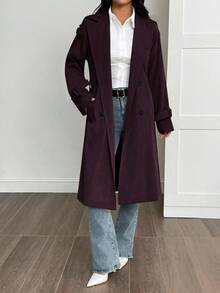 SHEIN PETITE 女款純色腰帶長袖風衣，春夏/夏日保暖長外套，適合小碼女性 - 紫色 - 查看 8